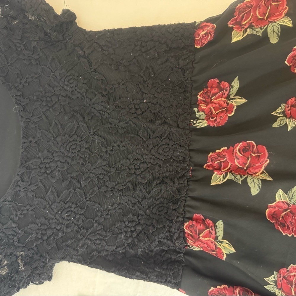 Girls Fall Dress Black And Red Rose Drop Tail Belt Short Sleeve Prom Lay… - Picture 11 of 12